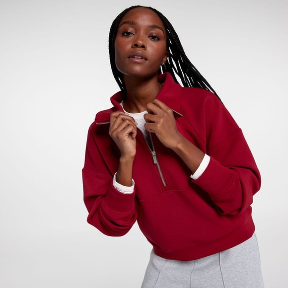 Calia Tops - Calia Pullover 1/4 Zip Soft Scuba Sweatshirt L Red Funnel Neck Kangaroo Pocket